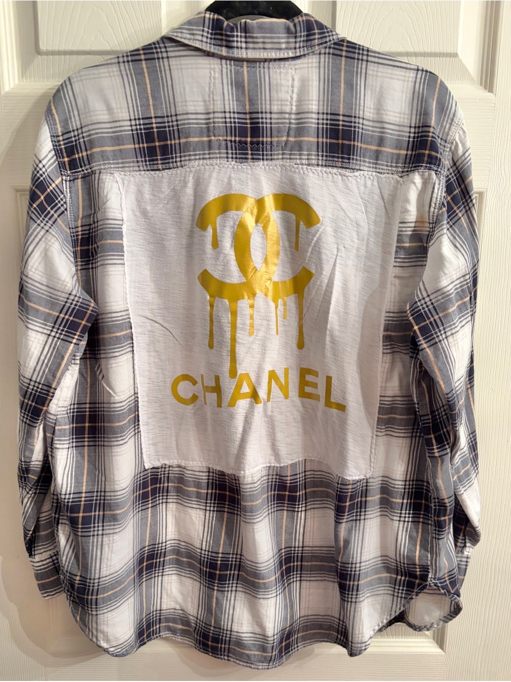 Frayed Malibu + Calabasas Blue Plaid Button-Up Shirt w/ Chanel on Back in gold